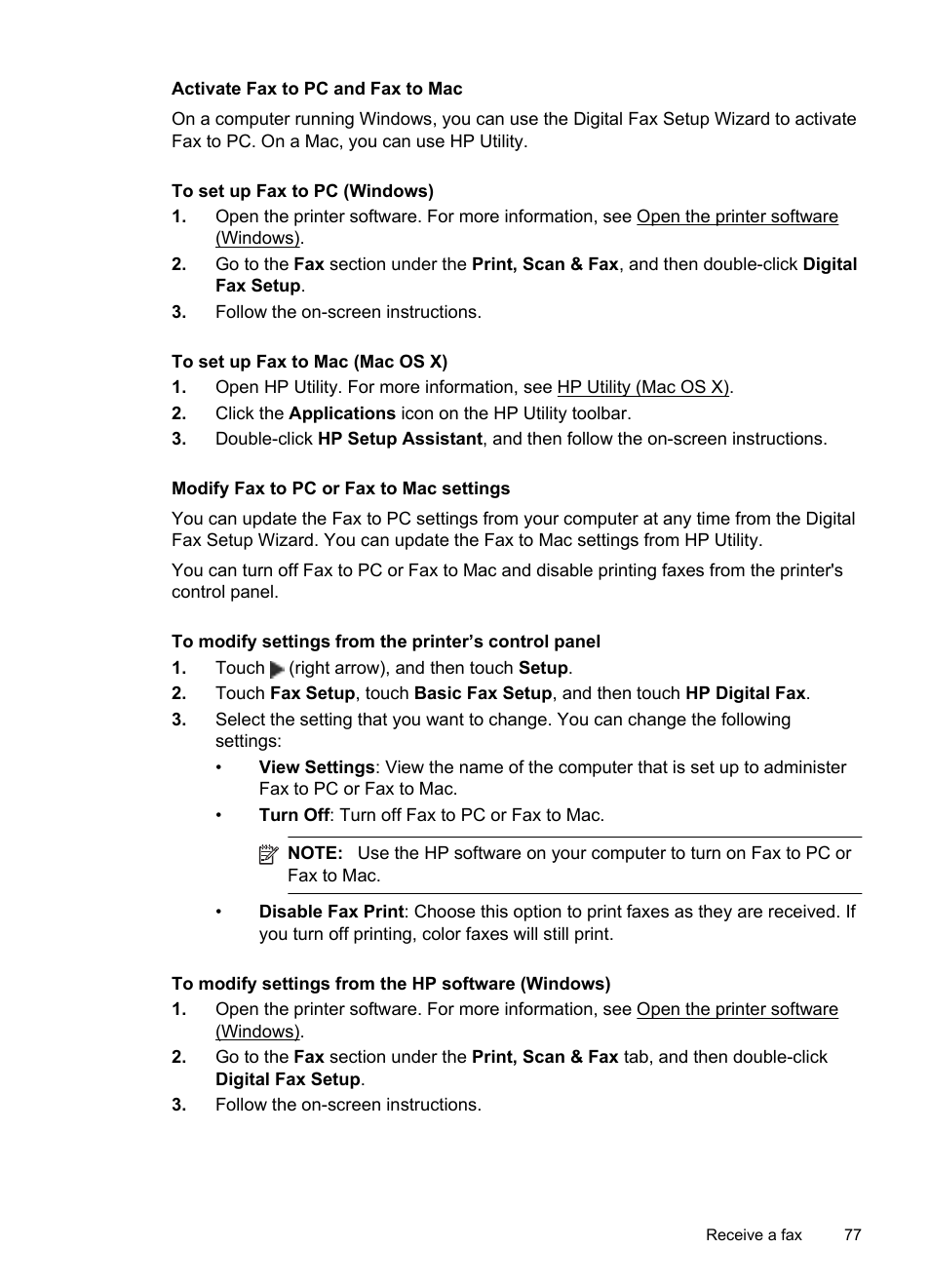 Activate fax to pc and fax to mac, Modify fax to pc or fax to mac settings | HP Officejet Pro 276dw Multifunction Printer series User Manual | Page 81 / 260