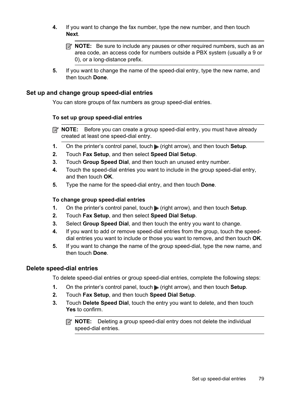 Set up and change group speed-dial entries, Delete speed-dial entries | HP Officejet Pro 276dw Multifunction Printer series User Manual | Page 83 / 260