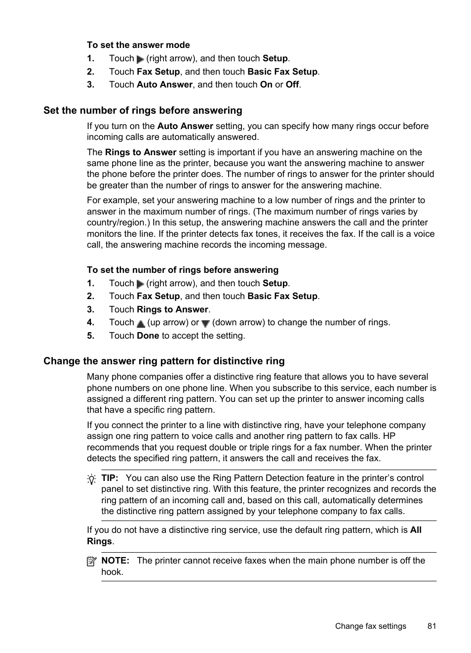 Set the number of rings before answering | HP Officejet Pro 276dw Multifunction Printer series User Manual | Page 85 / 260