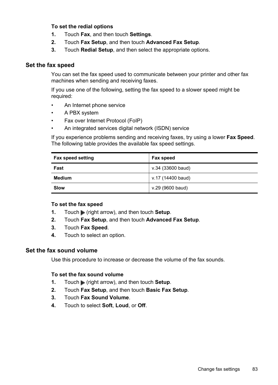 Set the fax speed, Set the fax sound volume | HP Officejet Pro 276dw Multifunction Printer series User Manual | Page 87 / 260