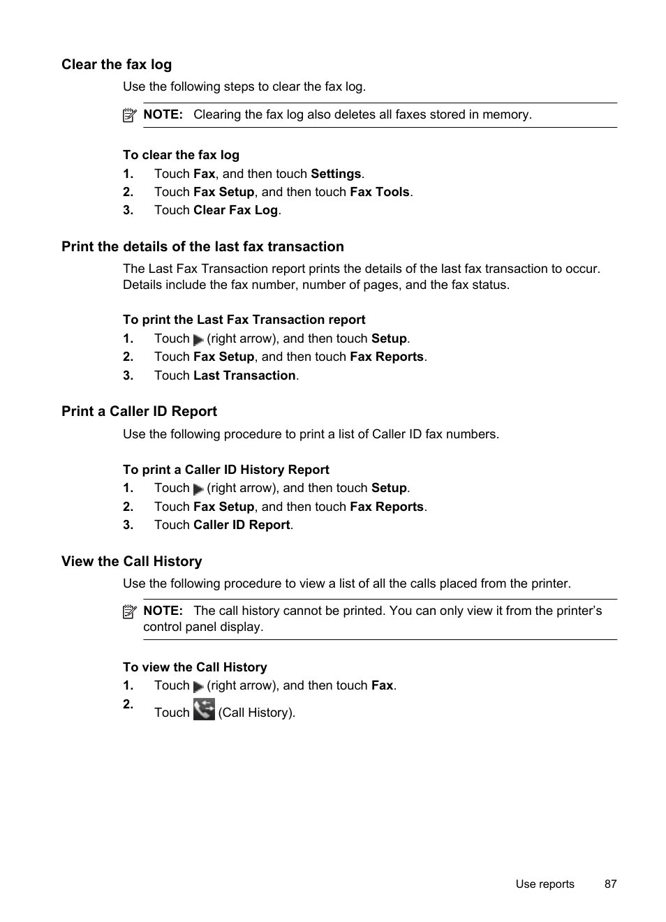 Clear the fax log, Print the details of the last fax transaction, Print a caller id report | View the call history | HP Officejet Pro 276dw Multifunction Printer series User Manual | Page 91 / 260