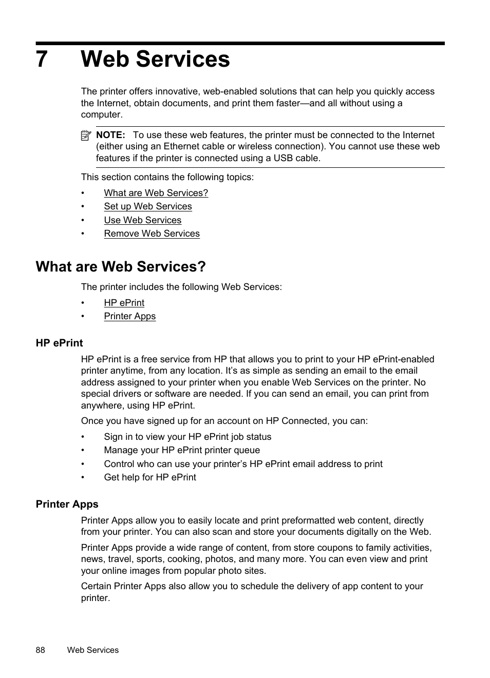 Web services, What are web services, Hp eprint | Printer apps, Hp eprint printer apps, 7web services | HP Officejet Pro 276dw Multifunction Printer series User Manual | Page 92 / 260