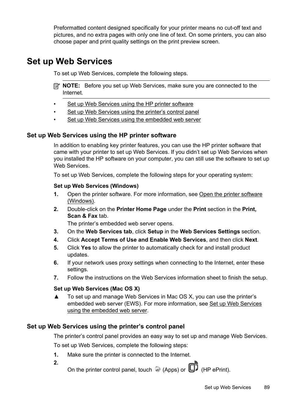 Set up web services, Set up web services using the hp printer software | HP Officejet Pro 276dw Multifunction Printer series User Manual | Page 93 / 260