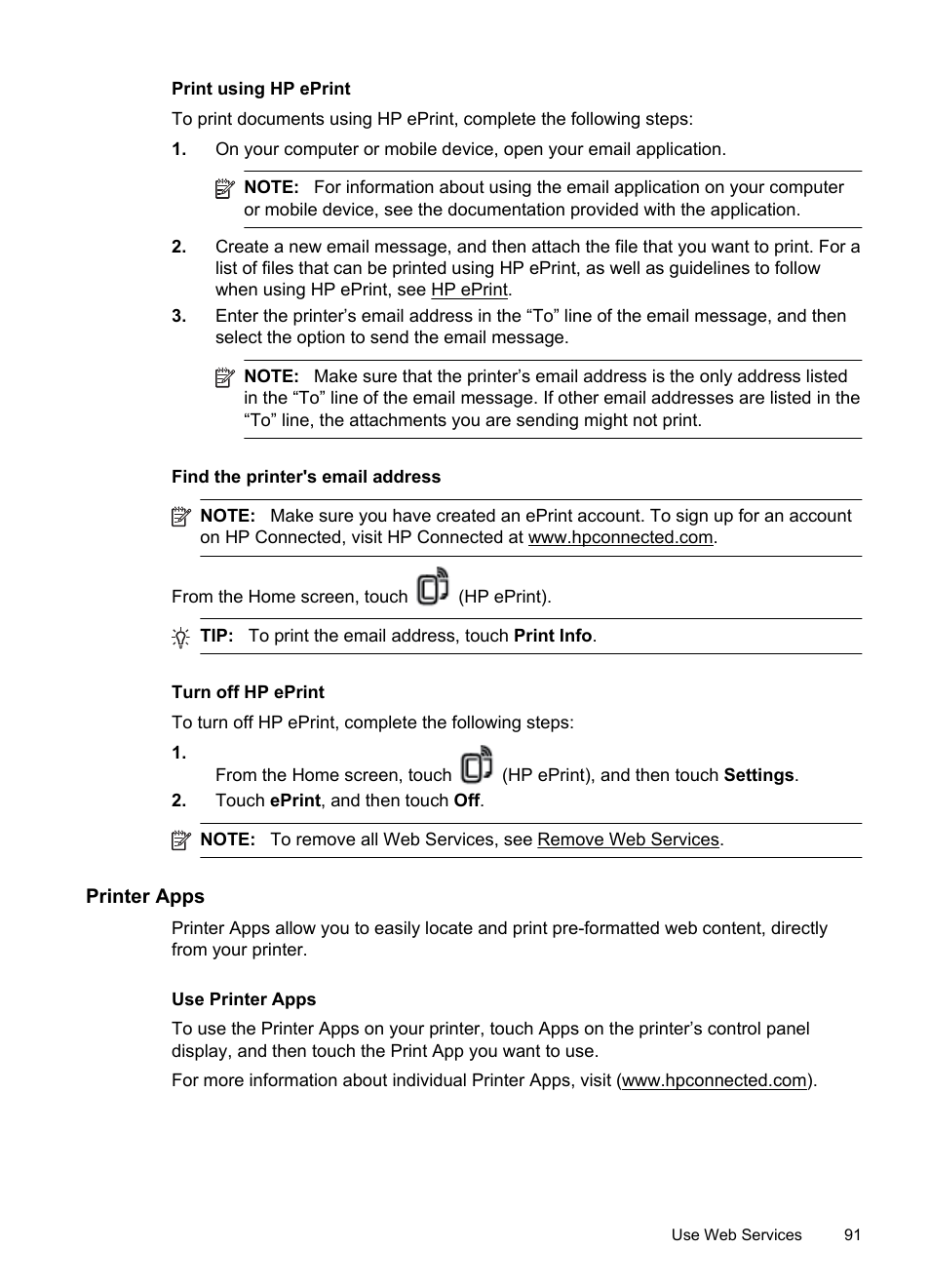 Print using hp eprint, Find the printer's email address, Turn off hp eprint | Printer apps, Use printer apps | HP Officejet Pro 276dw Multifunction Printer series User Manual | Page 95 / 260