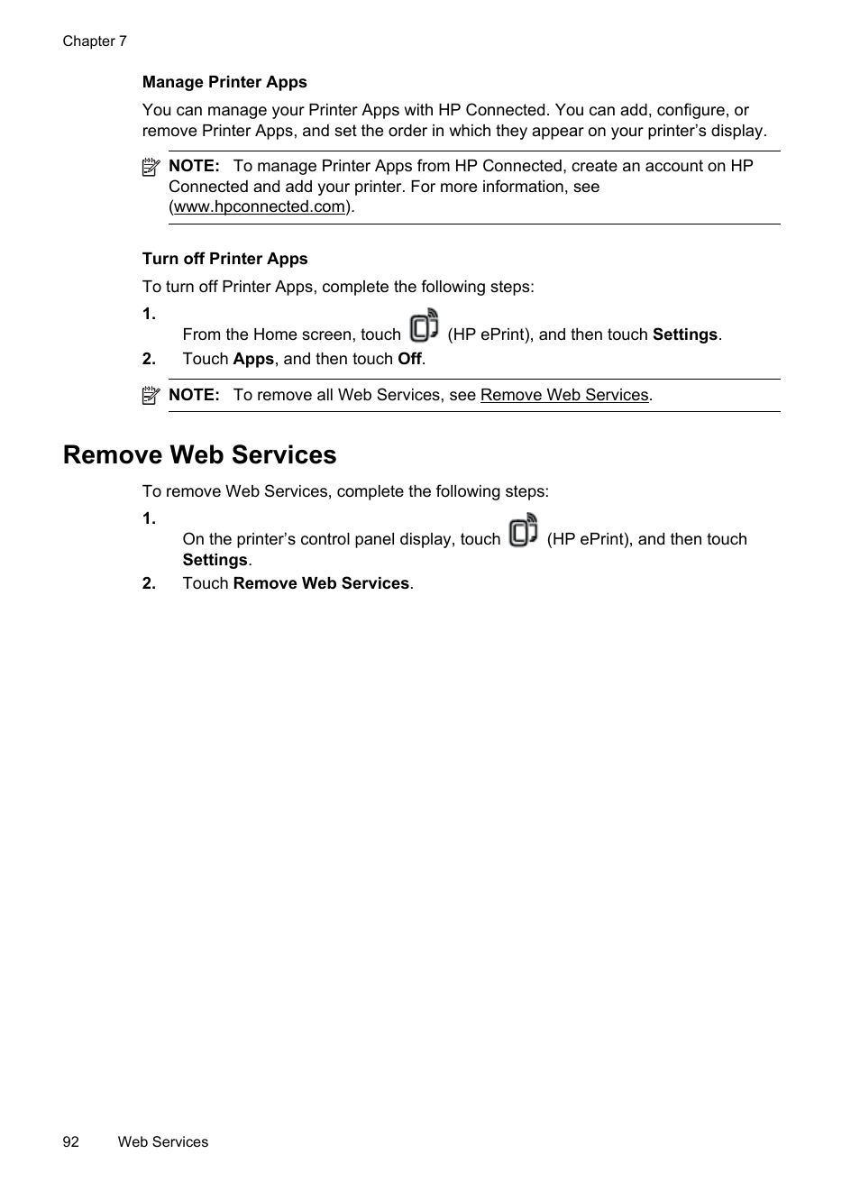 Manage printer apps, Turn off printer apps, Remove web services | HP Officejet Pro 276dw Multifunction Printer series User Manual | Page 96 / 260