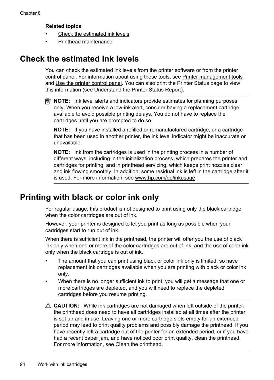 Check the estimated ink levels, Printing with black or color ink only | HP Officejet Pro 276dw Multifunction Printer series User Manual | Page 98 / 260