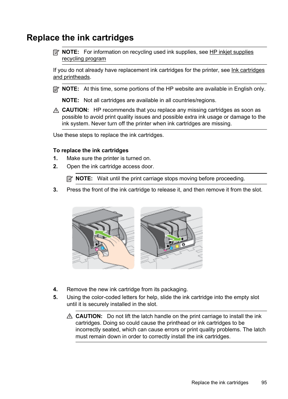 Replace the ink cartridges | HP Officejet Pro 276dw Multifunction Printer series User Manual | Page 99 / 260