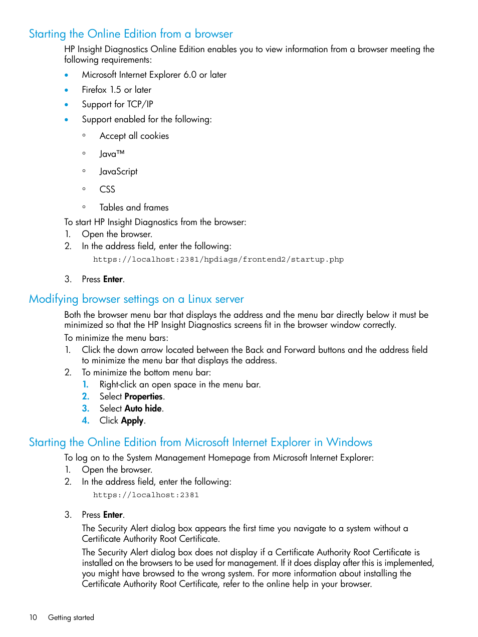 Starting the online edition from a browser, Modifying browser settings on a linux server | HP Insight Diagnostics Software User Manual | Page 10 / 45