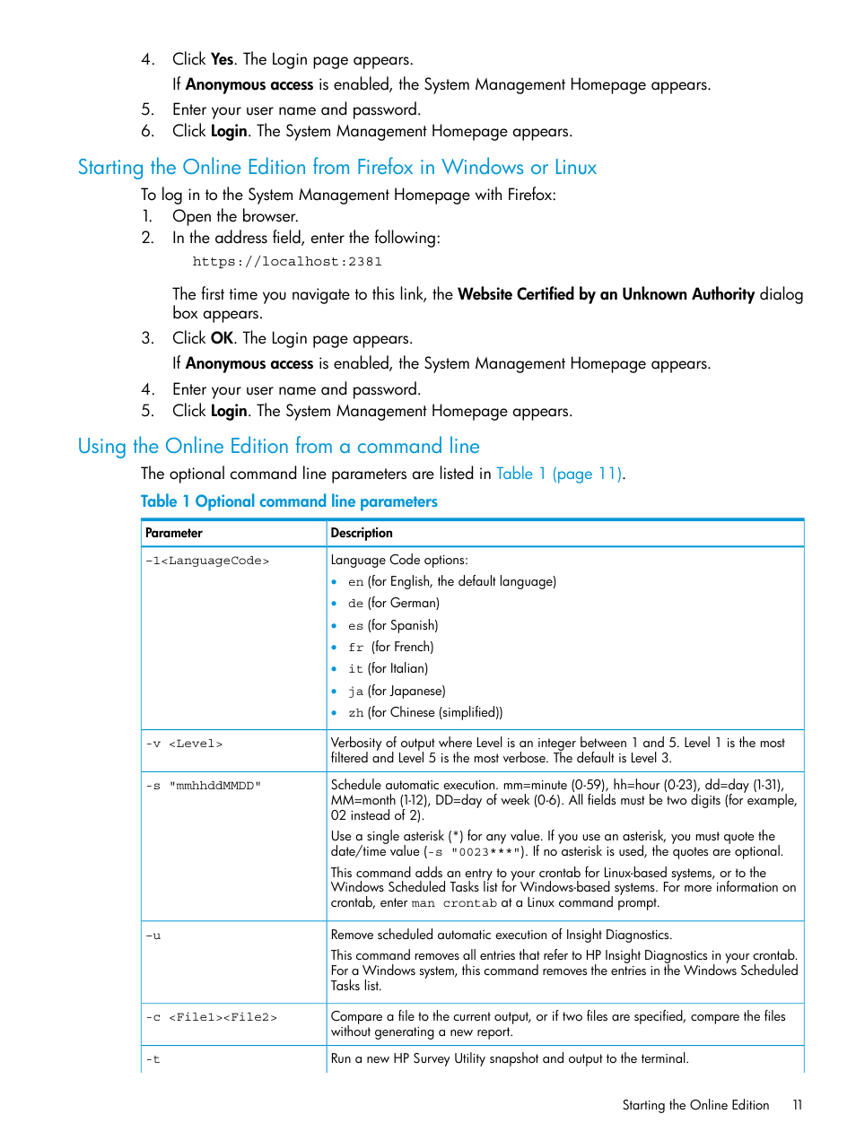 Using the online edition from a command line | HP Insight Diagnostics Software User Manual | Page 11 / 45