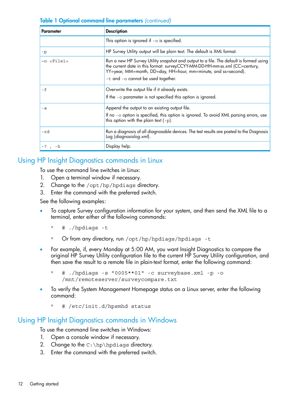 Using hp insight diagnostics commands in linux, Using hp insight diagnostics commands in windows | HP Insight Diagnostics Software User Manual | Page 12 / 45