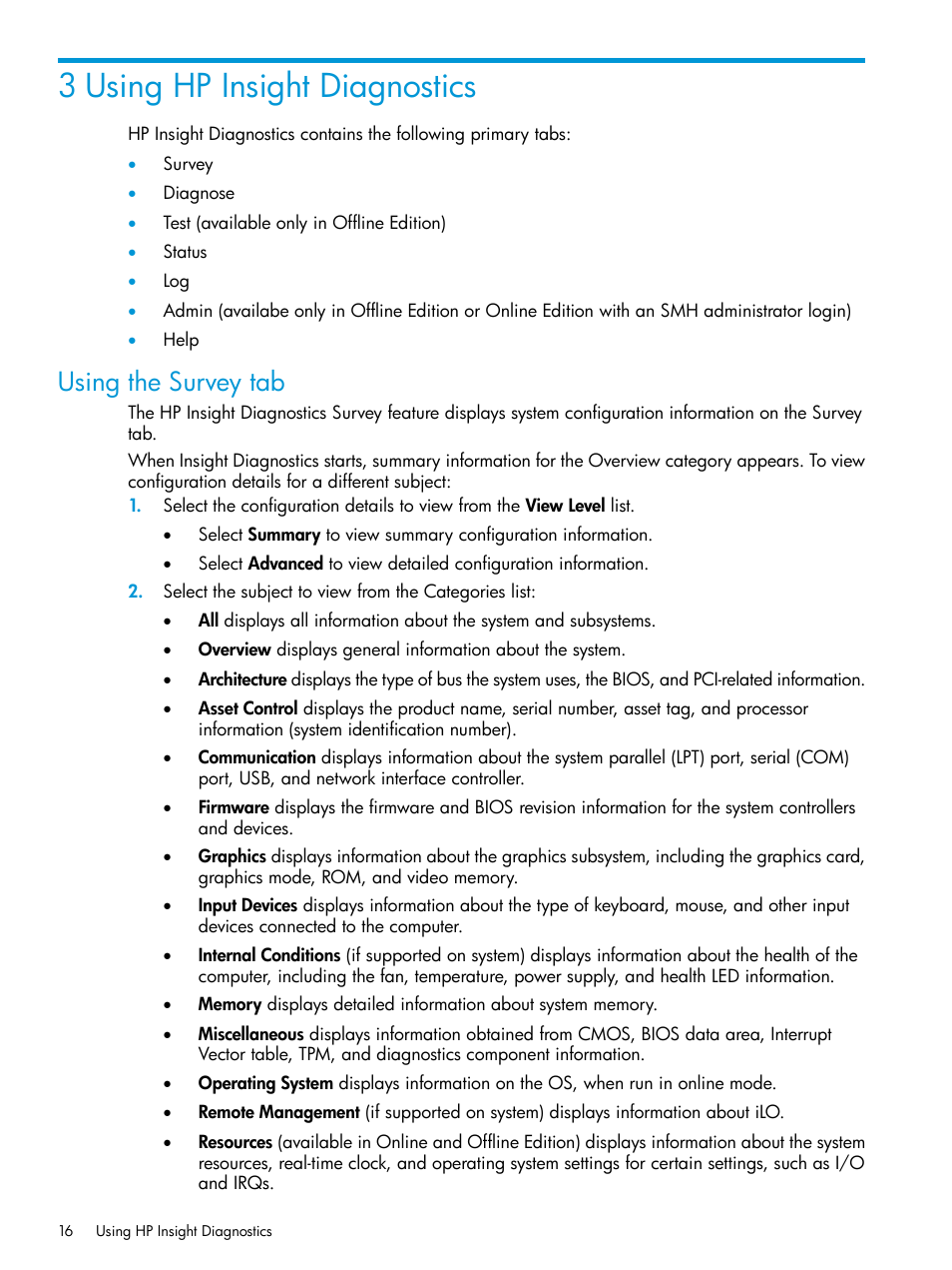 3 using hp insight diagnostics, Using the survey tab | HP Insight Diagnostics Software User Manual | Page 16 / 45