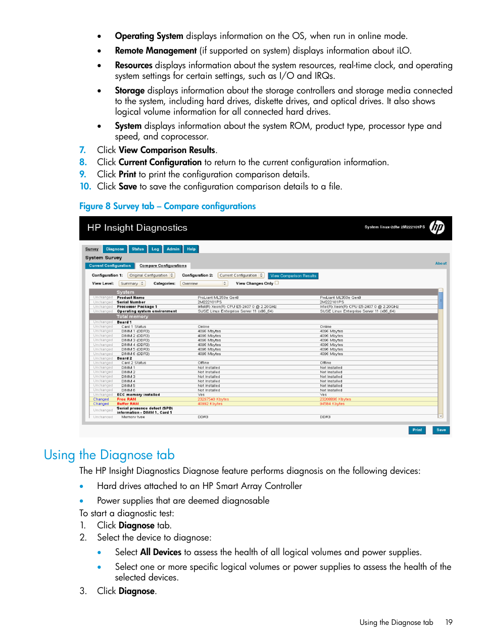 Using the diagnose tab | HP Insight Diagnostics Software User Manual | Page 19 / 45