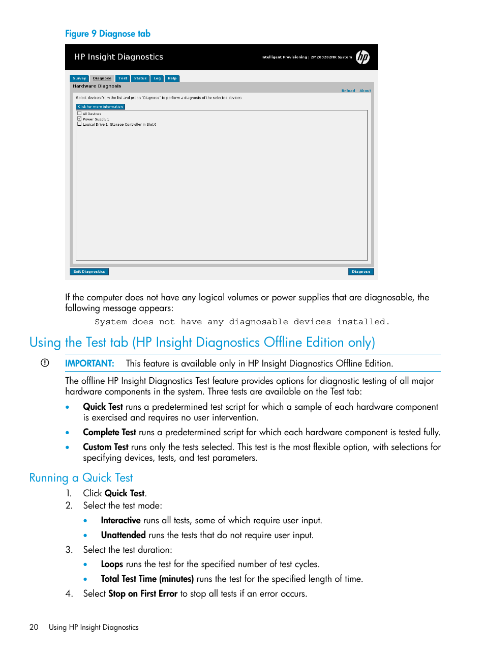 Running a quick test | HP Insight Diagnostics Software User Manual | Page 20 / 45