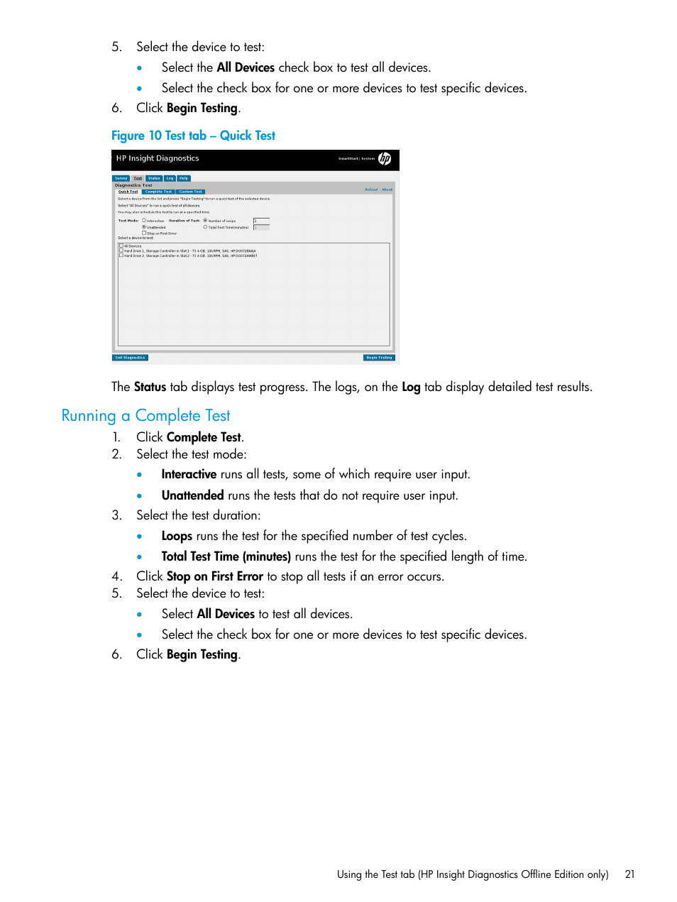 Running a complete test | HP Insight Diagnostics Software User Manual | Page 21 / 45