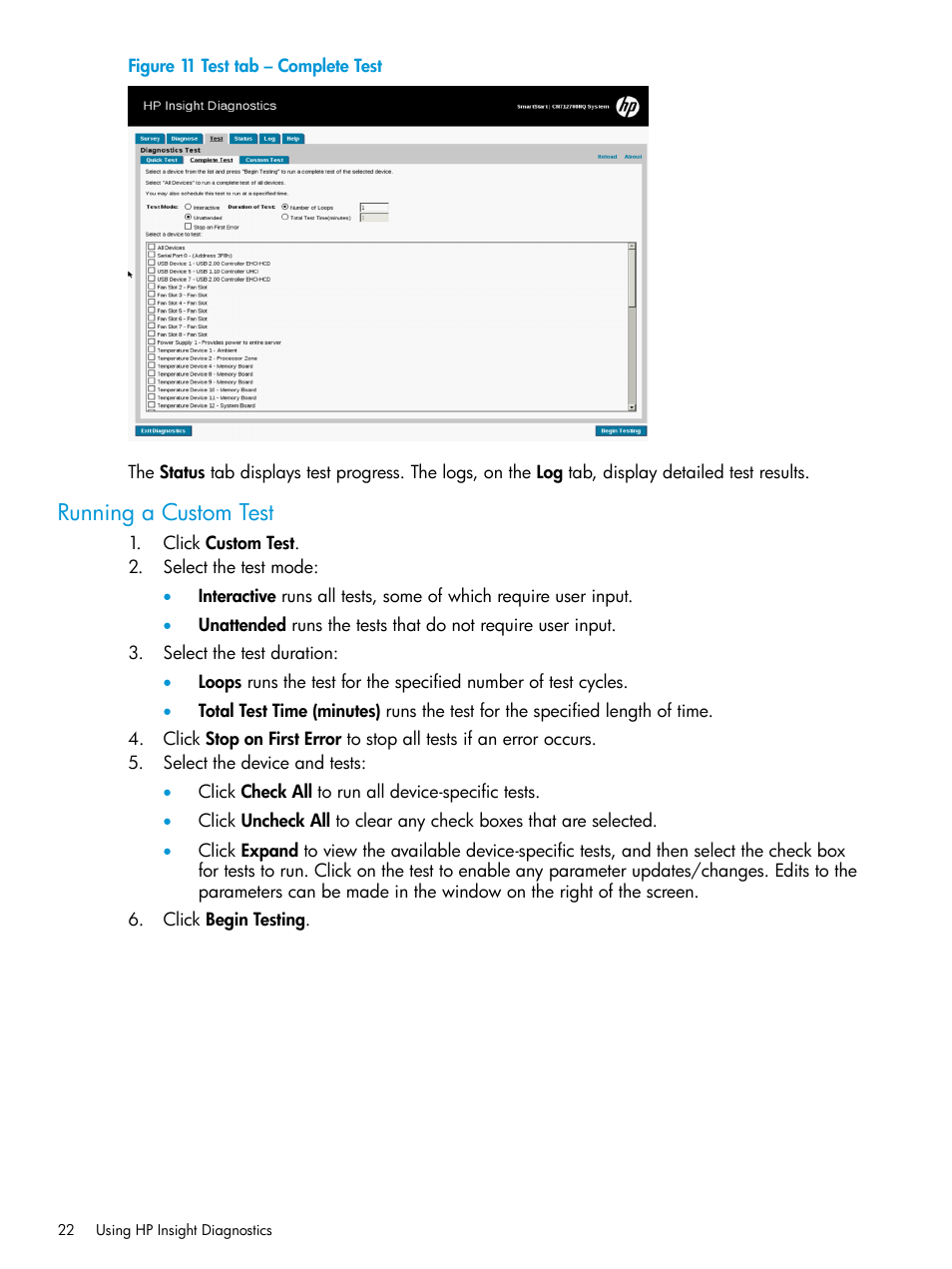 Running a custom test | HP Insight Diagnostics Software User Manual | Page 22 / 45