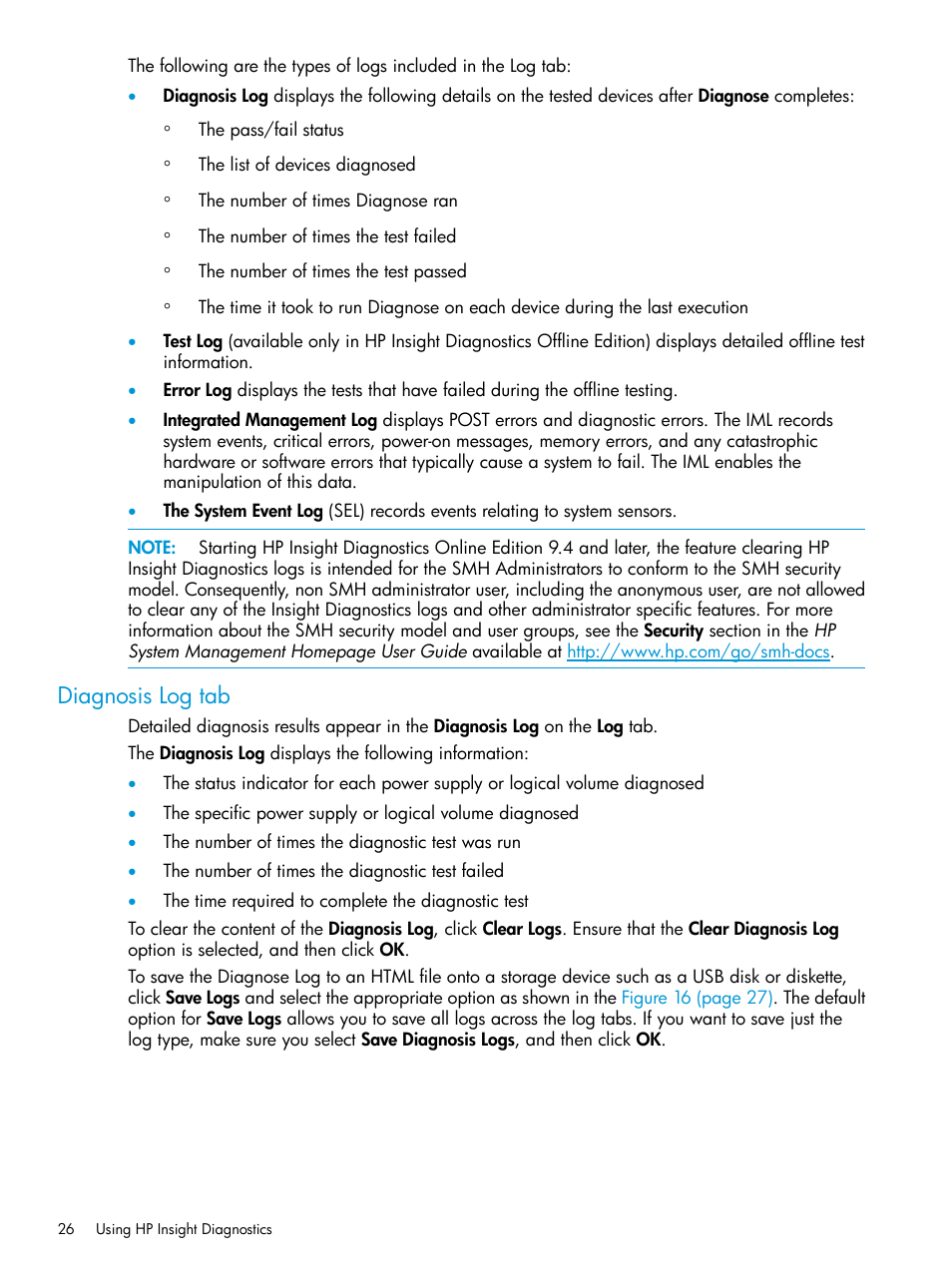 Diagnosis log tab | HP Insight Diagnostics Software User Manual | Page 26 / 45