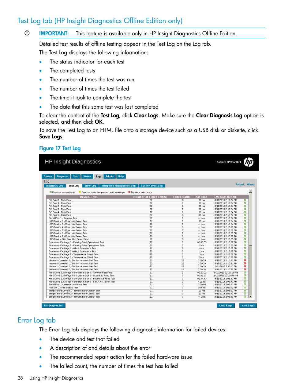 Error log tab | HP Insight Diagnostics Software User Manual | Page 28 / 45