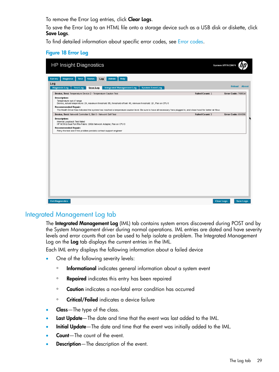 Integrated management log tab | HP Insight Diagnostics Software User Manual | Page 29 / 45