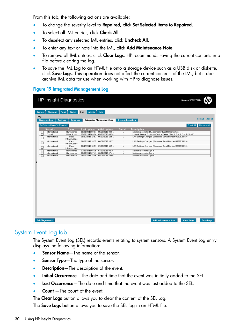 System event log tab | HP Insight Diagnostics Software User Manual | Page 30 / 45