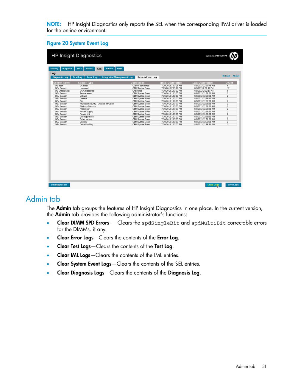 Admin tab | HP Insight Diagnostics Software User Manual | Page 31 / 45