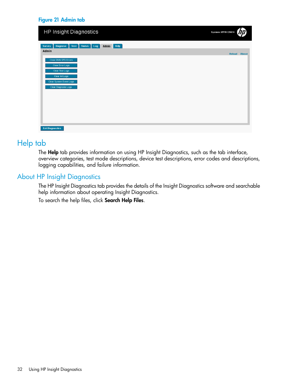 Help tab, About hp insight diagnostics | HP Insight Diagnostics Software User Manual | Page 32 / 45