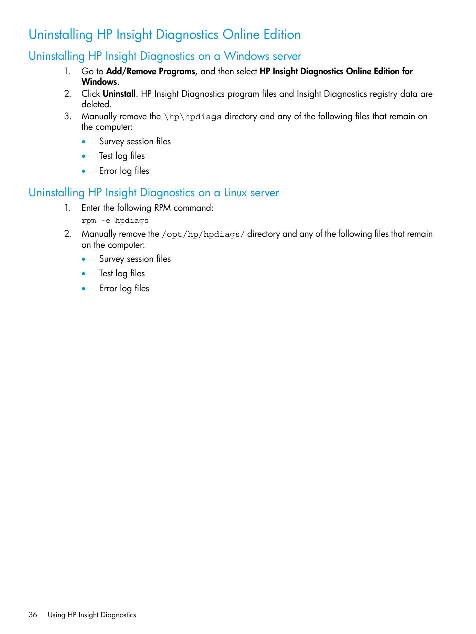 Uninstalling hp insight diagnostics online edition | HP Insight Diagnostics Software User Manual | Page 36 / 45