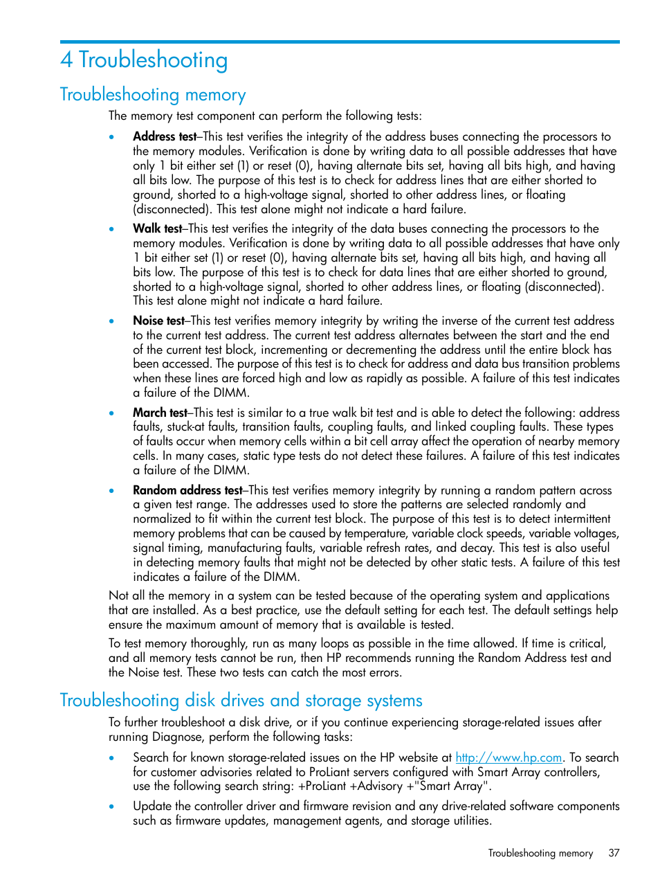 4 troubleshooting, Troubleshooting memory, Troubleshooting disk drives and storage systems | HP Insight Diagnostics Software User Manual | Page 37 / 45