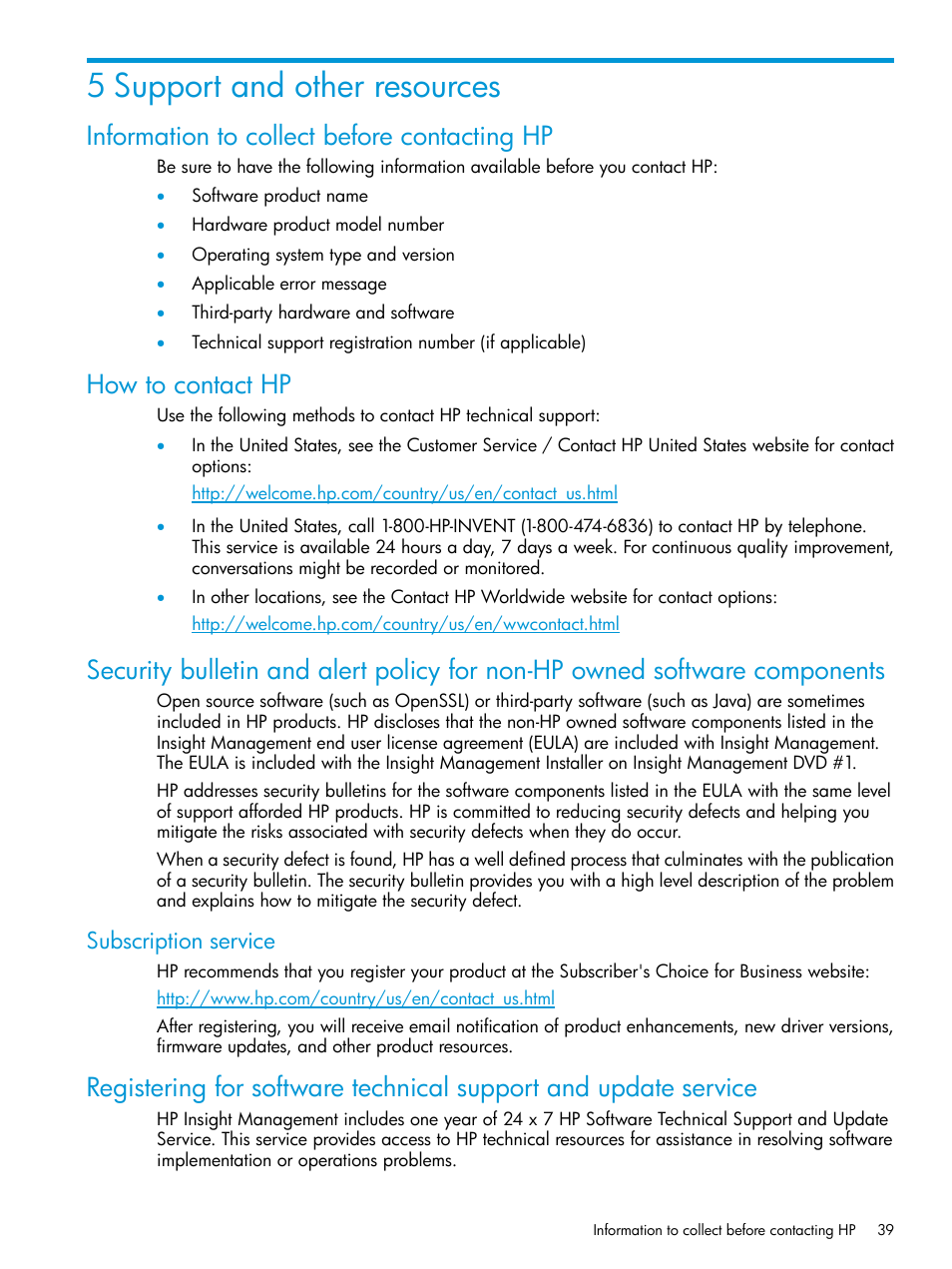 5 support and other resources, Information to collect before contacting hp, How to contact hp | Subscription service | HP Insight Diagnostics Software User Manual | Page 39 / 45