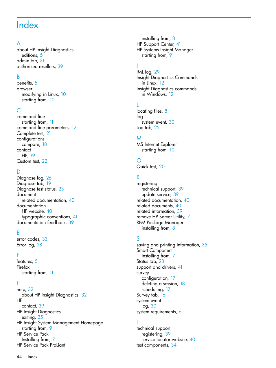 Index | HP Insight Diagnostics Software User Manual | Page 44 / 45