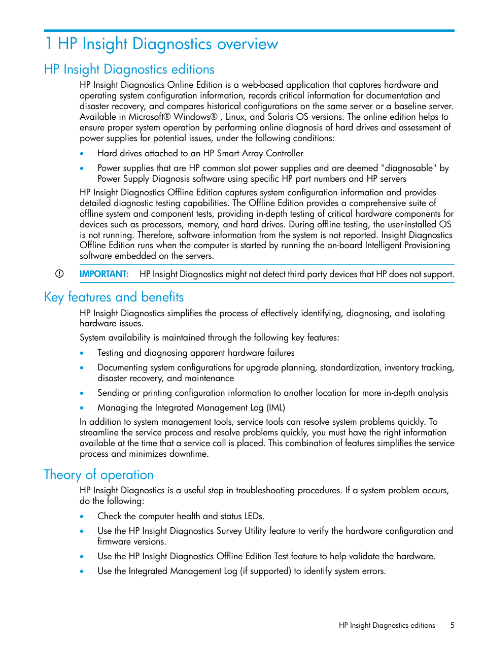 1 hp insight diagnostics overview, Hp insight diagnostics editions, Key features and benefits | Theory of operation | HP Insight Diagnostics Software User Manual | Page 5 / 45