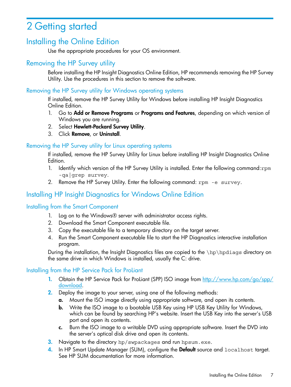 2 getting started, Installing the online edition, Removing the hp survey utility | Installing from the smart component, Installing from the hp service pack for proliant | HP Insight Diagnostics Software User Manual | Page 7 / 45