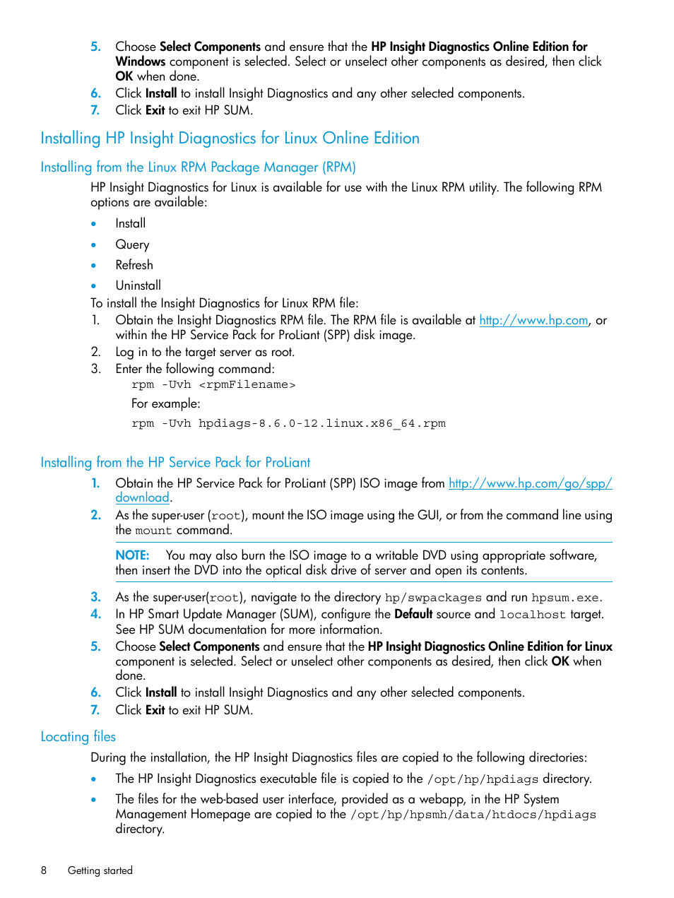 Installing from the hp service pack for proliant, Locating files | HP Insight Diagnostics Software User Manual | Page 8 / 45