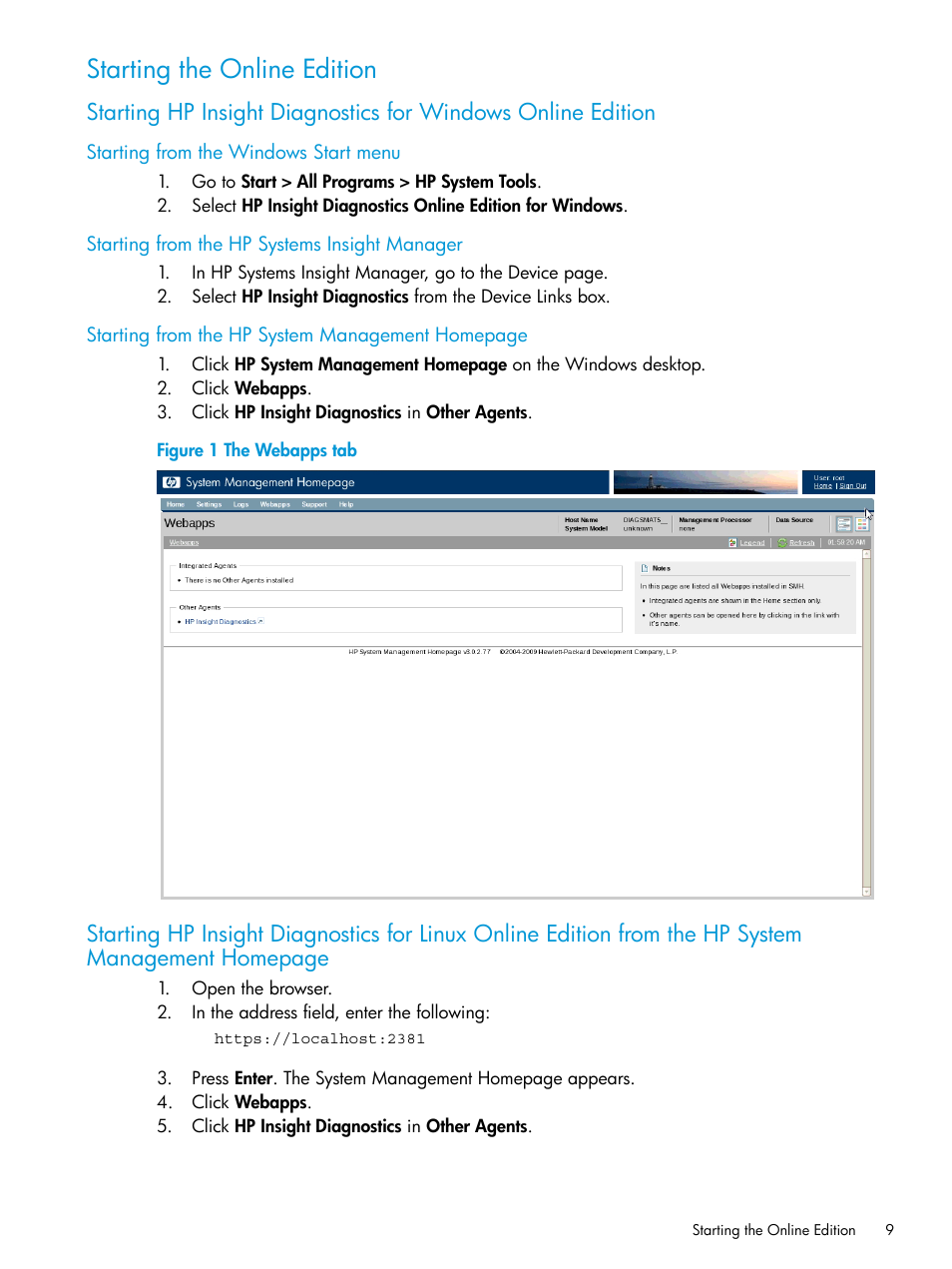 Starting the online edition, Starting from the windows start menu, Starting from the hp systems insight manager | HP Insight Diagnostics Software User Manual | Page 9 / 45