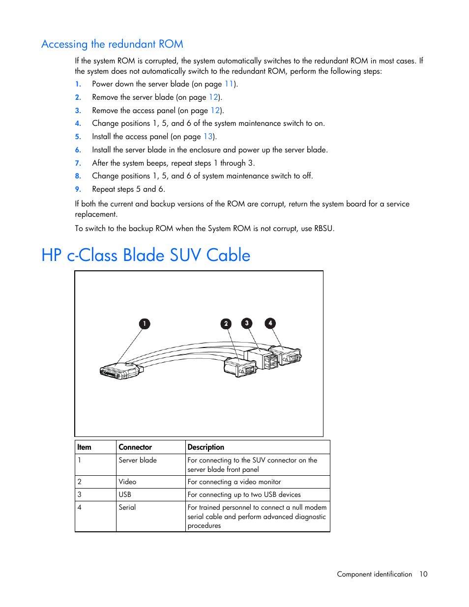 Accessing the redundant rom, Hp c-class blade suv cable | HP ProLiant BL495c G6 Server-Blade User Manual | Page 10 / 90