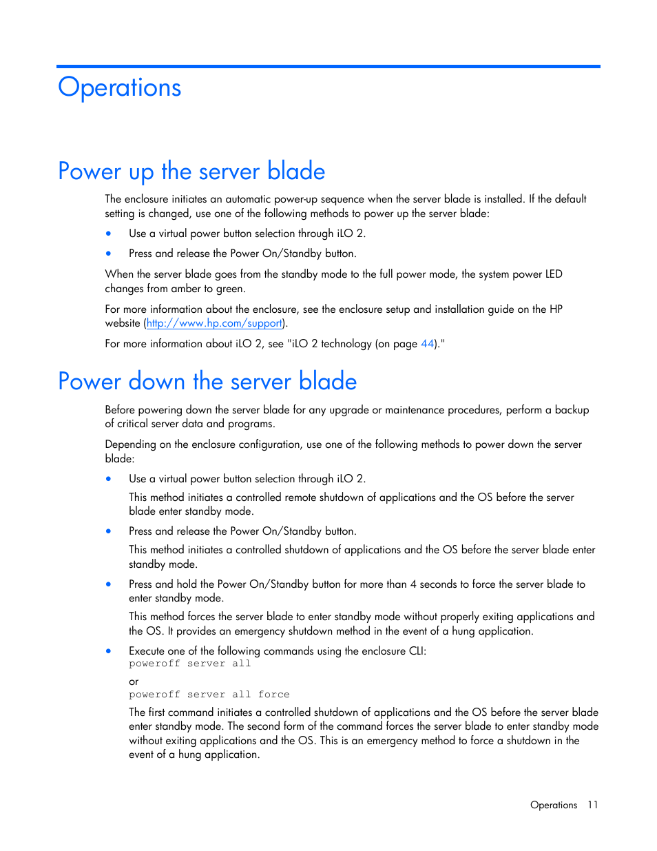 Operations, Power up the server blade, Power down the server blade | HP ProLiant BL495c G6 Server-Blade User Manual | Page 11 / 90