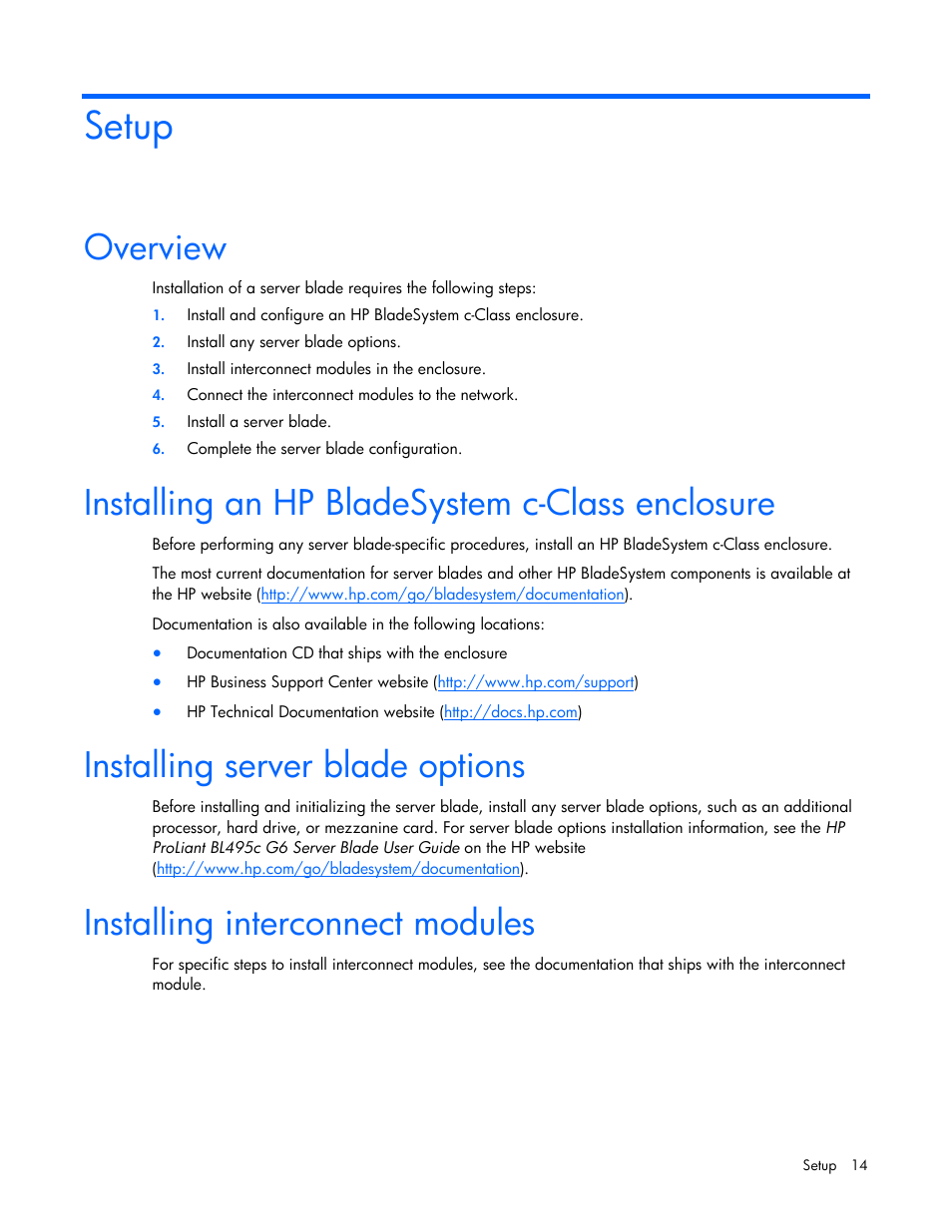 Setup, Overview, Installing an hp bladesystem c-class enclosure | Installing server blade options, Installing interconnect modules | HP ProLiant BL495c G6 Server-Blade User Manual | Page 14 / 90