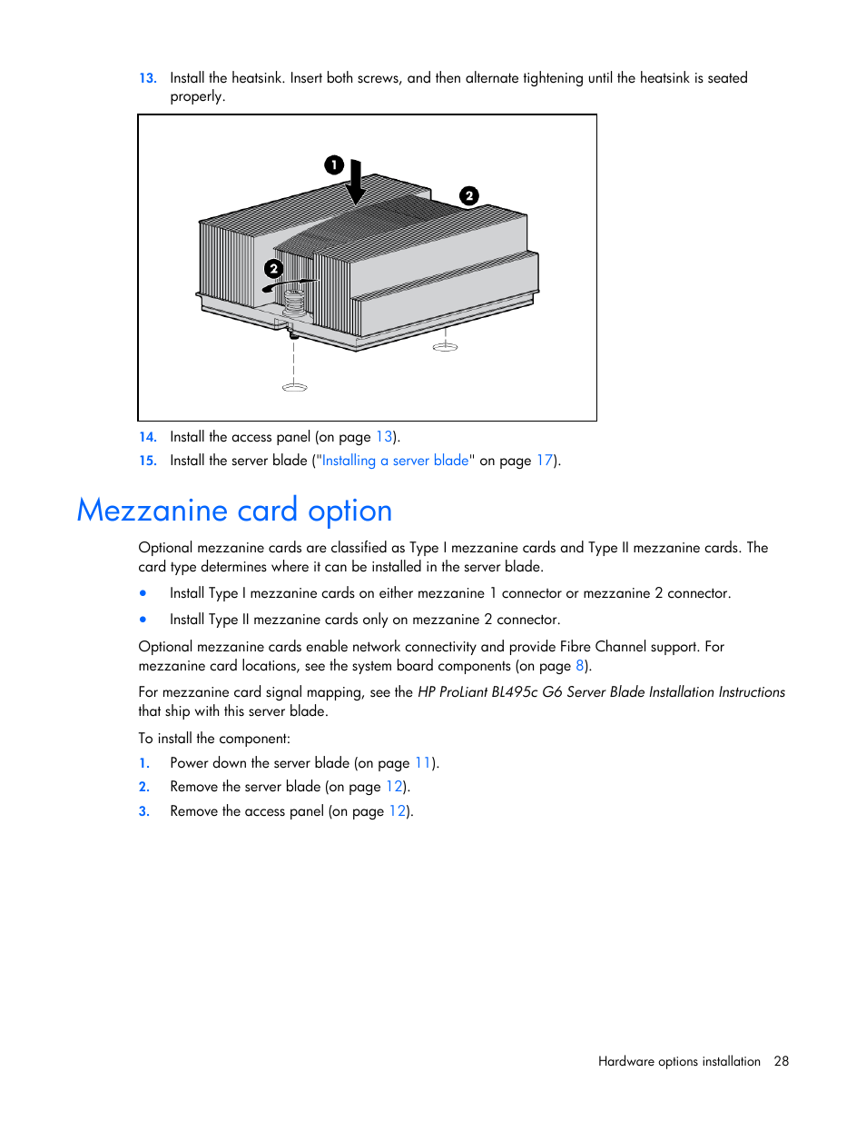 Mezzanine card option | HP ProLiant BL495c G6 Server-Blade User Manual | Page 28 / 90