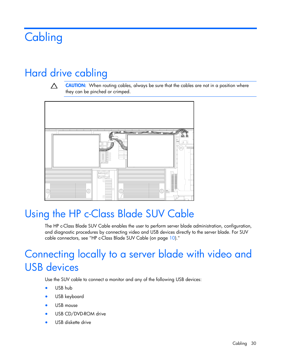 Cabling, Hard drive cabling, Using the hp c-class blade suv cable | HP ProLiant BL495c G6 Server-Blade User Manual | Page 30 / 90