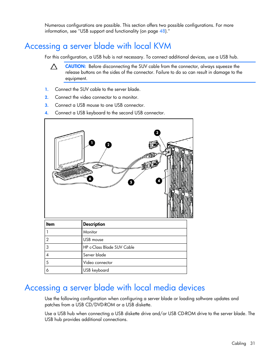Accessing a server blade with local kvm, Accessing a server blade with local media devices | HP ProLiant BL495c G6 Server-Blade User Manual | Page 31 / 90