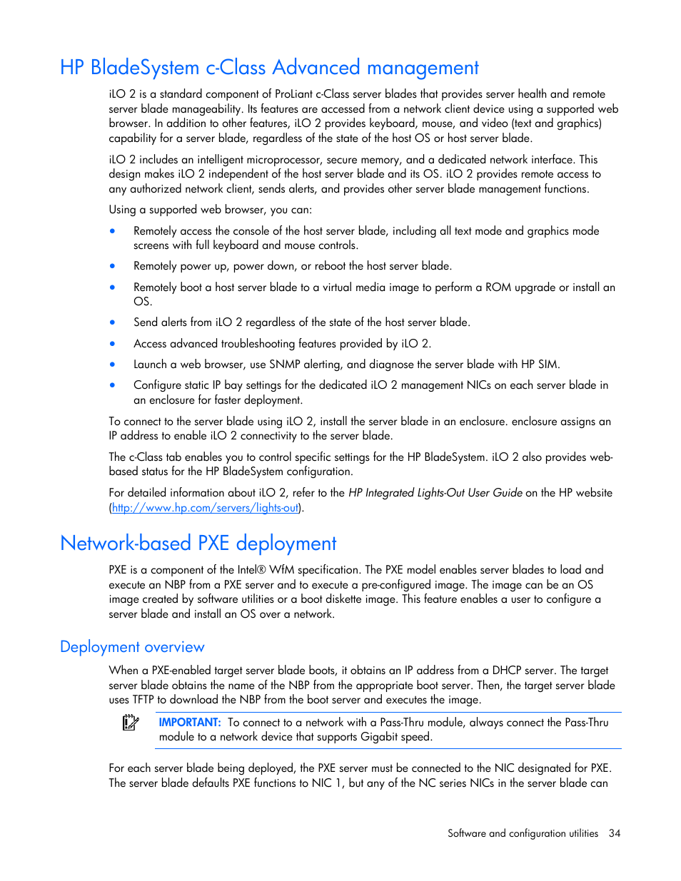 Hp bladesystem c-class advanced management, Network-based pxe deployment, Deployment overview | Hp bl, Adesystem c-class advanced management, Deploym ov, Ent erview | HP ProLiant BL495c G6 Server-Blade User Manual | Page 34 / 90