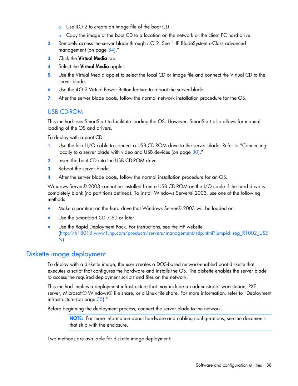 Diskette image deployment, Diskette, Image deployment | HP ProLiant BL495c G6 Server-Blade User Manual | Page 38 / 90