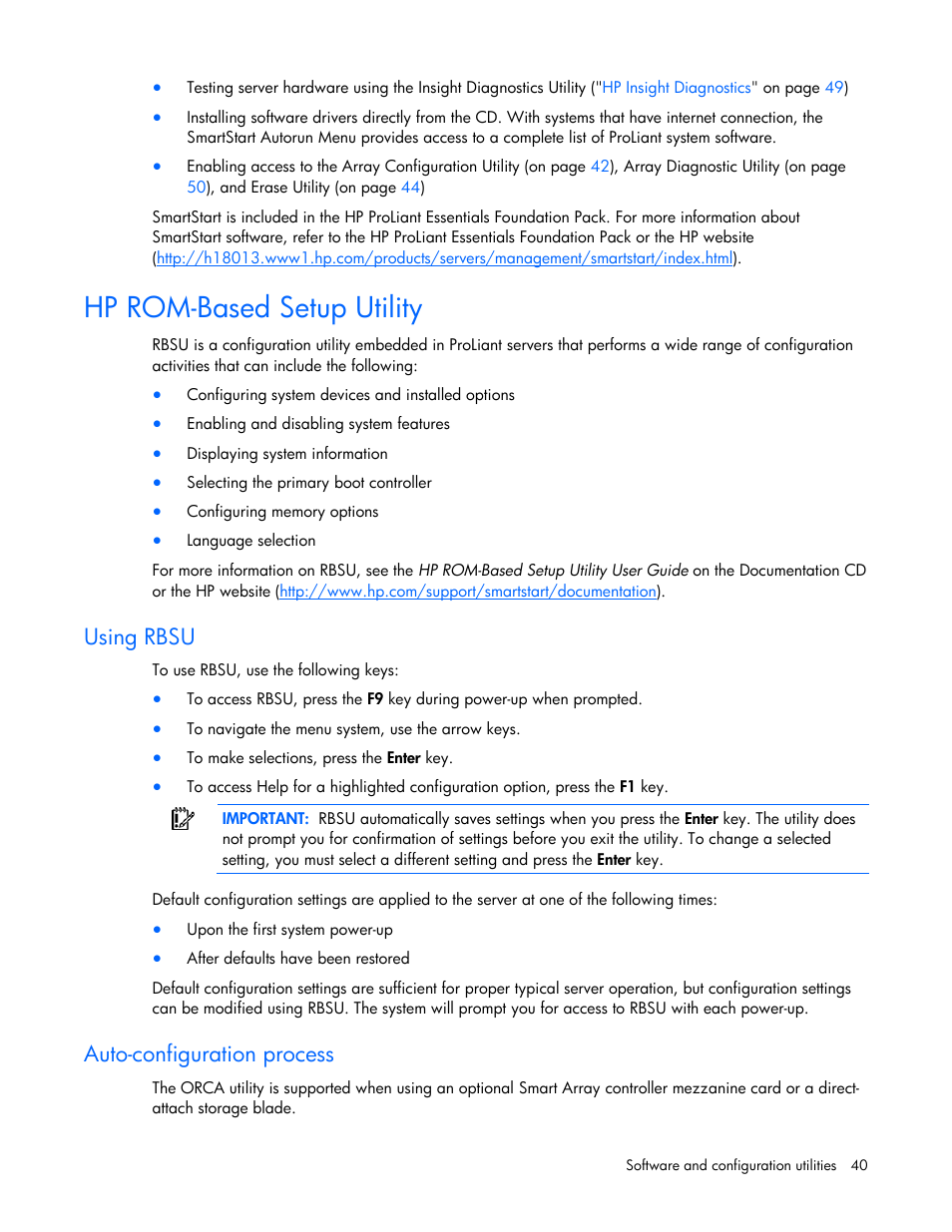 Hp rom-based setup utility, Using rbsu, Auto-configuration process | Hp ro, M-based setup utility, Using r su, Auto-co, Nfiguration process | HP ProLiant BL495c G6 Server-Blade User Manual | Page 40 / 90
