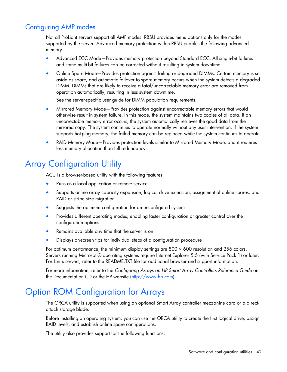 Configuring amp modes, Array configuration utility, Option rom configuration for arrays | Array o, C nfiguration utility, Configu n, Ri g amp modes | HP ProLiant BL495c G6 Server-Blade User Manual | Page 42 / 90