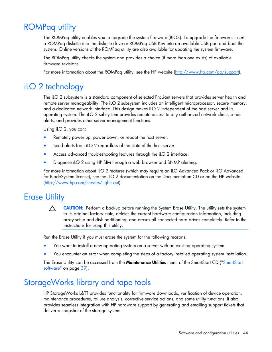 Rompaq utility, Ilo 2 technology, Erase utility | Storageworks library and tape tools, Hp systems insight manager, Ilo 2 ec, T hnology | HP ProLiant BL495c G6 Server-Blade User Manual | Page 44 / 90