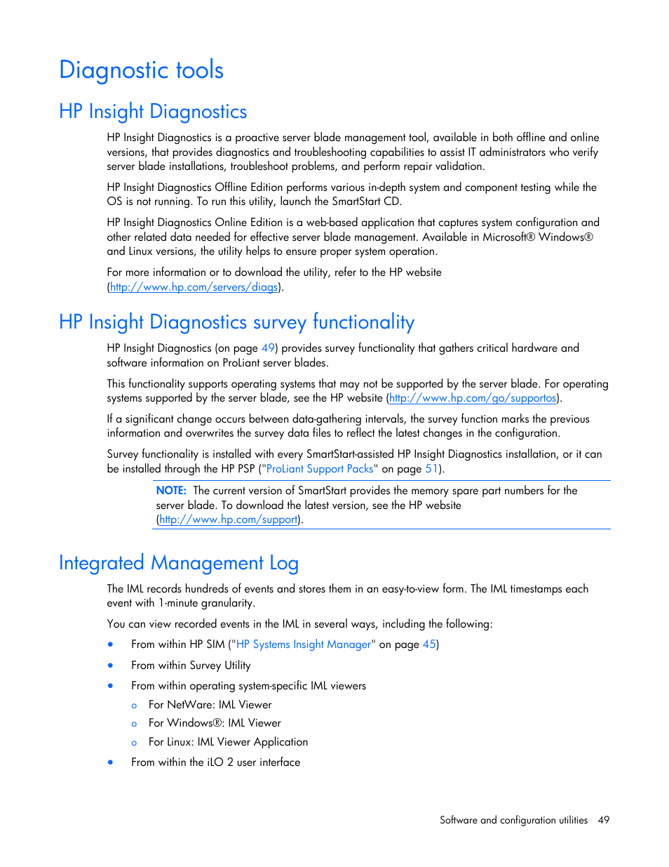 Diagnostic tools, Hp insight diagnostics, Hp insight diagnostics survey functionality | Integrated management log, Array diagnostic utility, Remote support and analysis tools, Hp insight remote support software, Diag, Nostic tools, Hp insight d | HP ProLiant BL495c G6 Server-Blade User Manual | Page 49 / 90