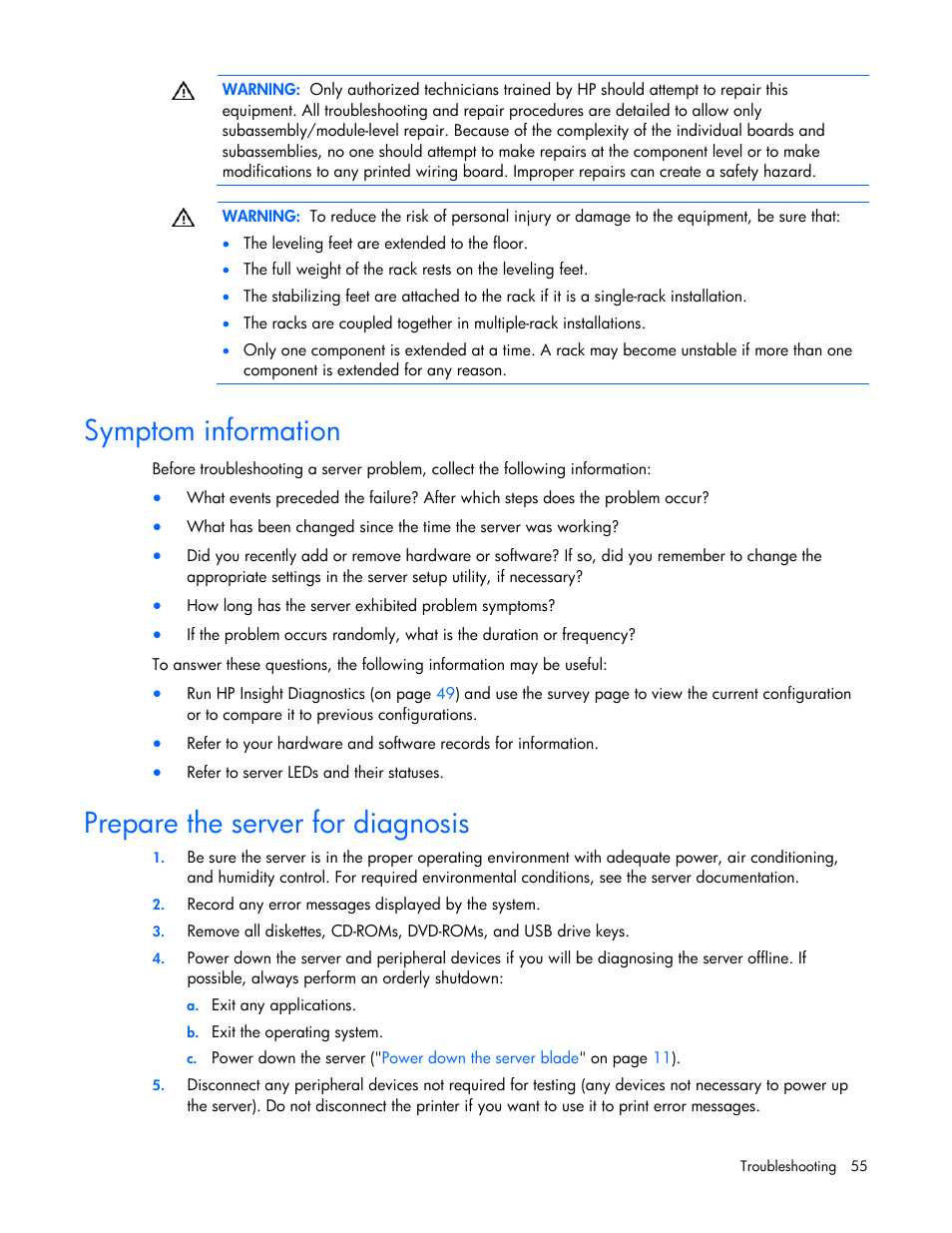 Symptom information, Prepare the server for diagnosis, Service notifications | Loose connections, Troubleshooting flowcharts, Prepa, Re the server for diagnosis | HP ProLiant BL495c G6 Server-Blade User Manual | Page 55 / 90