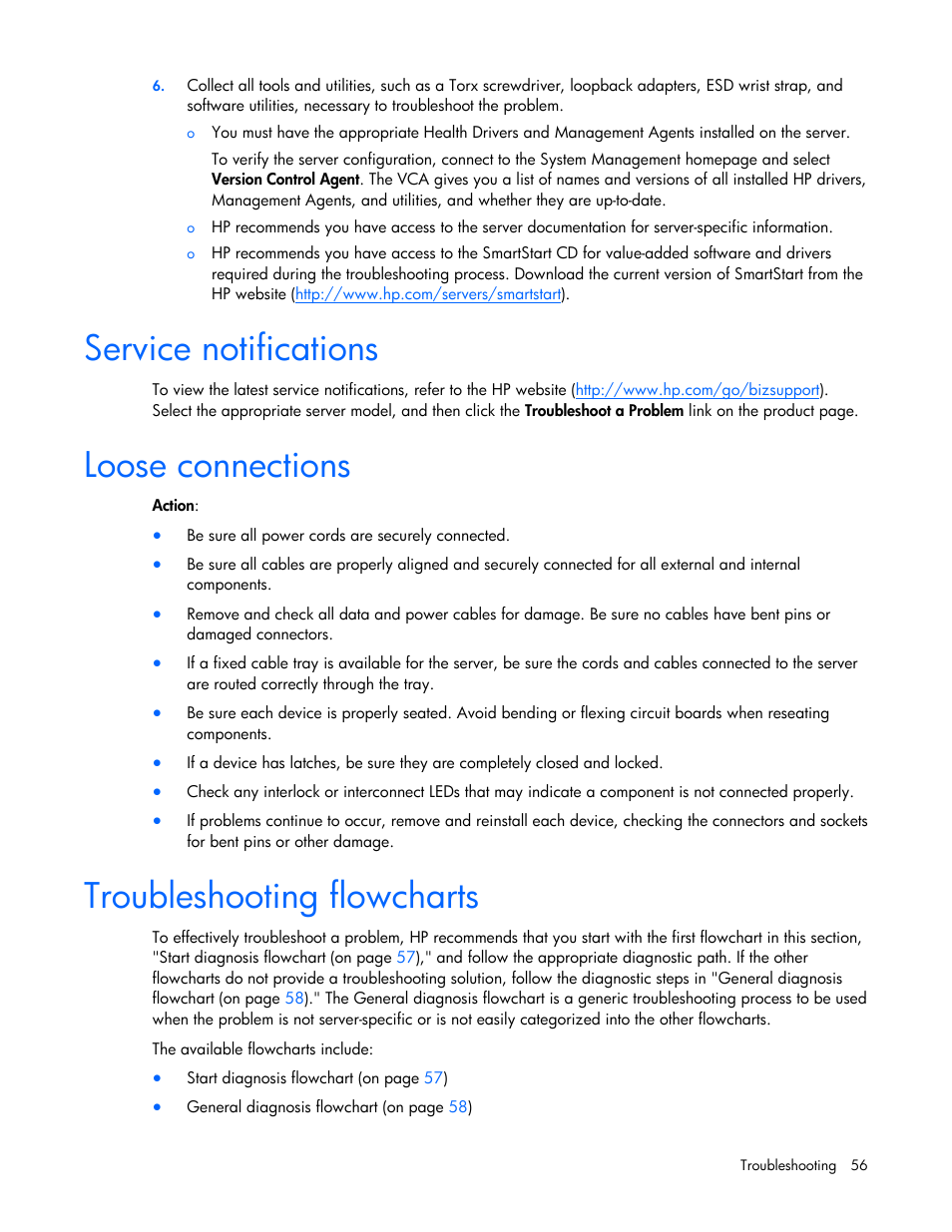 Service notifications, Loose connections, Troubleshooting flowcharts | Start diagnosis flowchart | HP ProLiant BL495c G6 Server-Blade User Manual | Page 56 / 90
