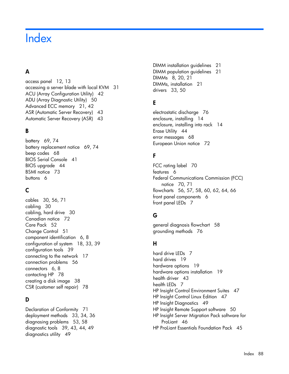 Index | HP ProLiant BL495c G6 Server-Blade User Manual | Page 88 / 90