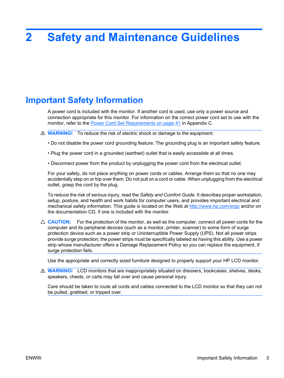 Safety and maintenance guidelines, Important safety information, 2 safety and maintenance guidelines | 2safety and maintenance guidelines | HP ZR24w 24-inch S-IPS LCD Monitor User Manual | Page 11 / 53