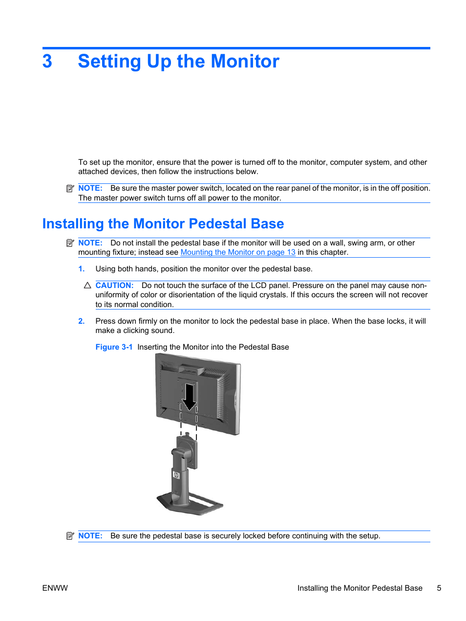 Setting up the monitor, Installing the monitor pedestal base, 3 setting up the monitor | 3setting up the monitor | HP ZR24w 24-inch S-IPS LCD Monitor User Manual | Page 13 / 53
